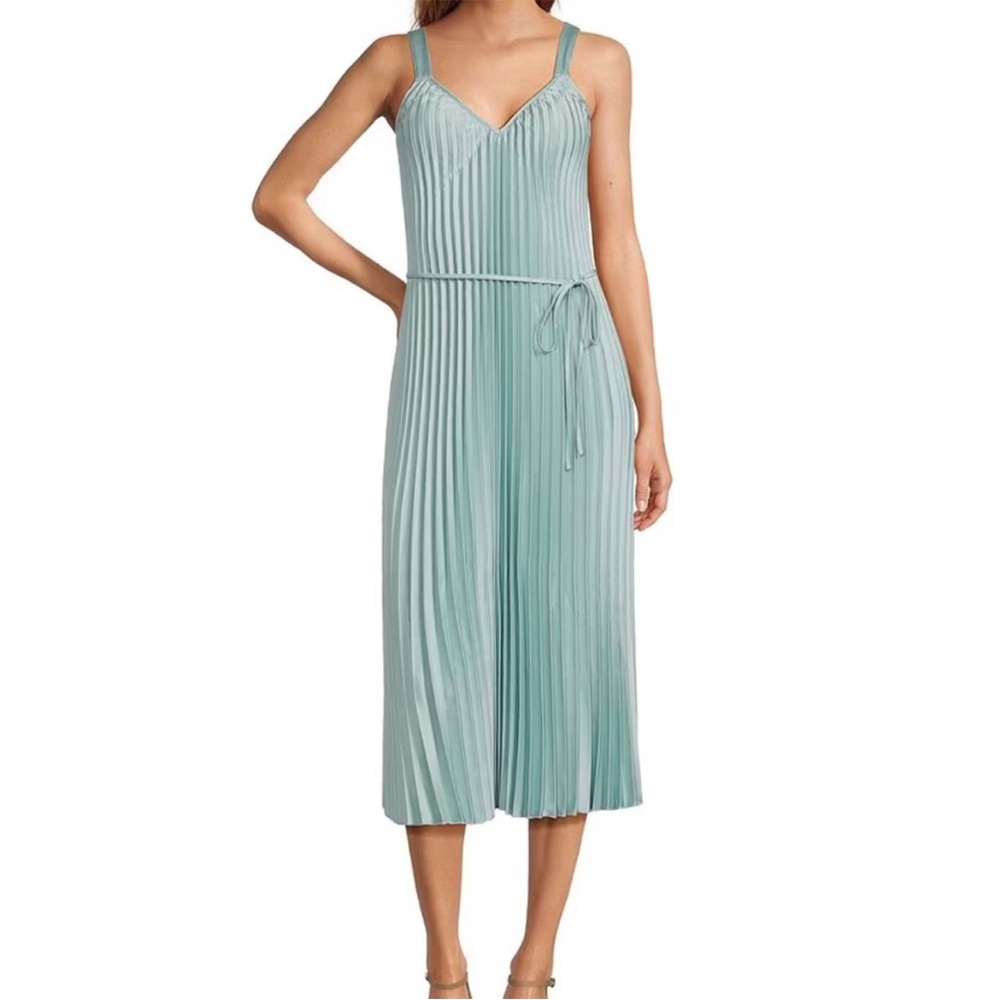 SAM EDELMAN SATIN PLISSE DRESS INDUSTRIAL GREEN BERY GOOD COND SIZE (M) - Picture 6 of 7